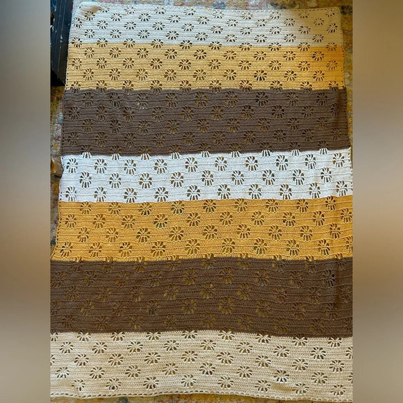 Vintage MCM Crochet Stripe Daisy Afghan Knit Blanket 55x71